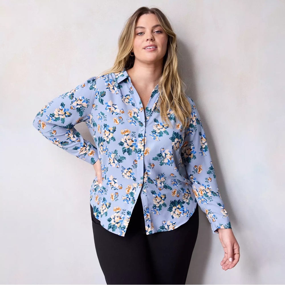 LC Lauren Conrad Collared Button-Front Shirt in Blue Blooming Plus Size 1X - Picture 3 of 11